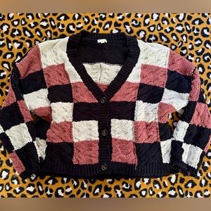 POL Black, Cream, and Pink Checkered Cardigan